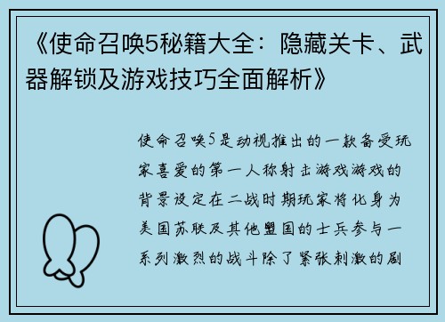 《使命召唤5秘籍大全：隐藏关卡、武器解锁及游戏技巧全面解析》